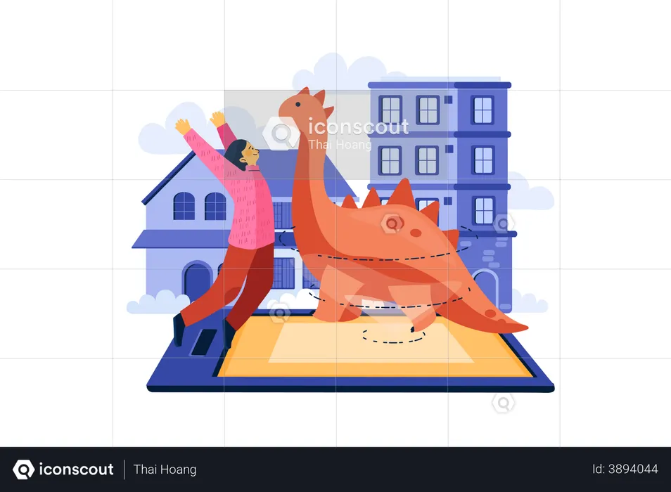 Girl watching dinosaur video using Augmented Reality  Illustration