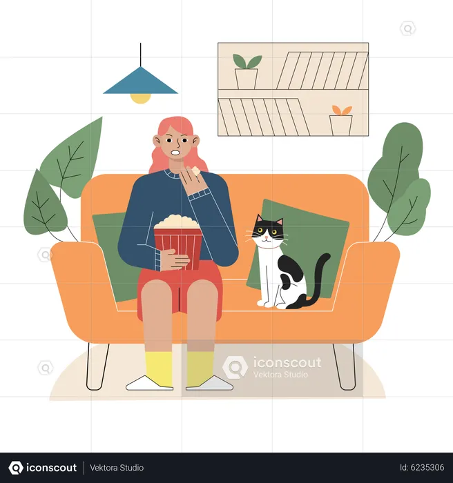 Girl watching movie with pet cat at home  Illustration