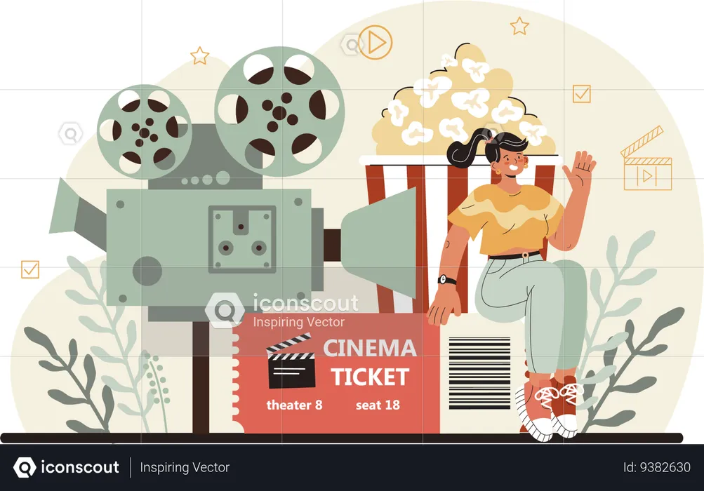 Girl watching movie with popcorn  Illustration
