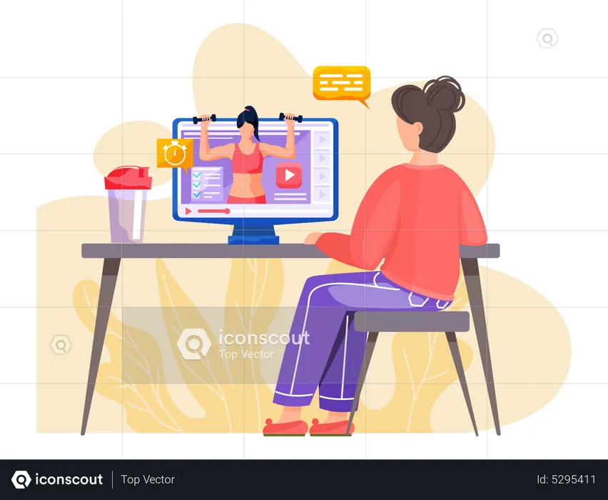 Girl watching online exercise tutorial  Illustration