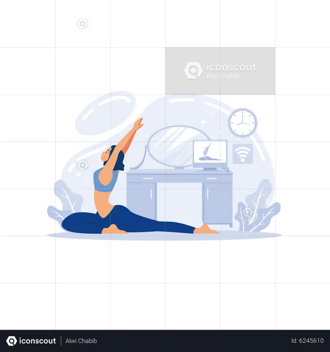 Girl watching online yoga class  Illustration