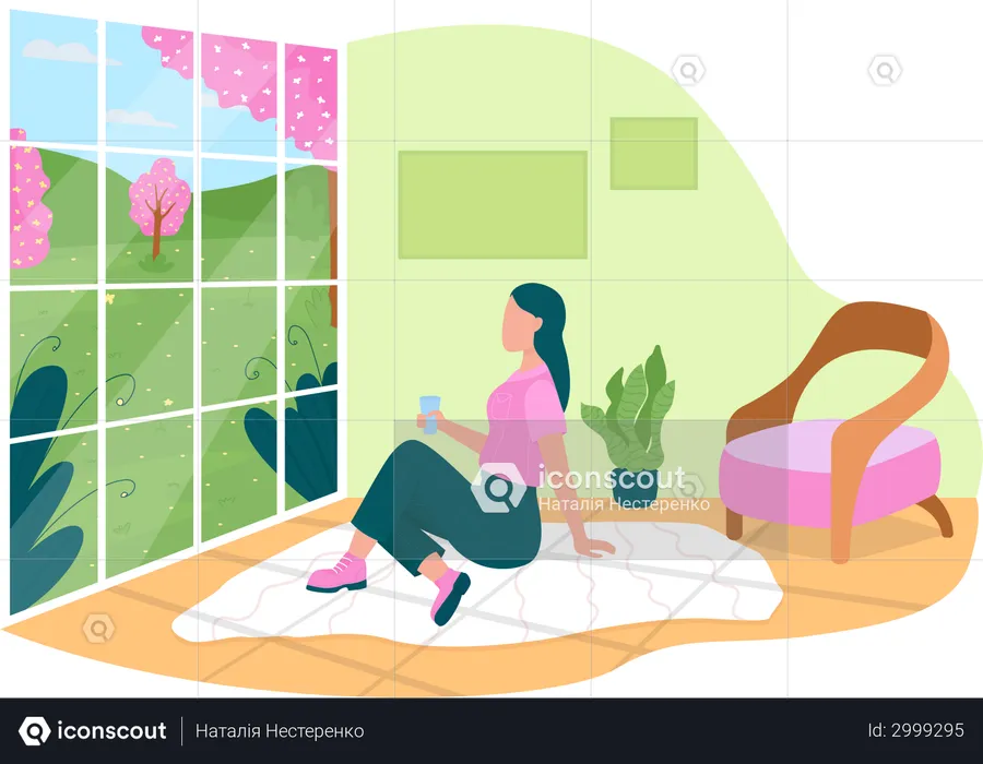 Girl watching spring flowers through home window  Illustration