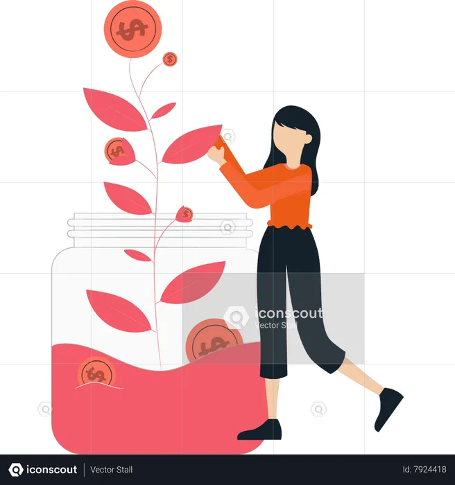 Girl watching the progress of the dollar  Illustration