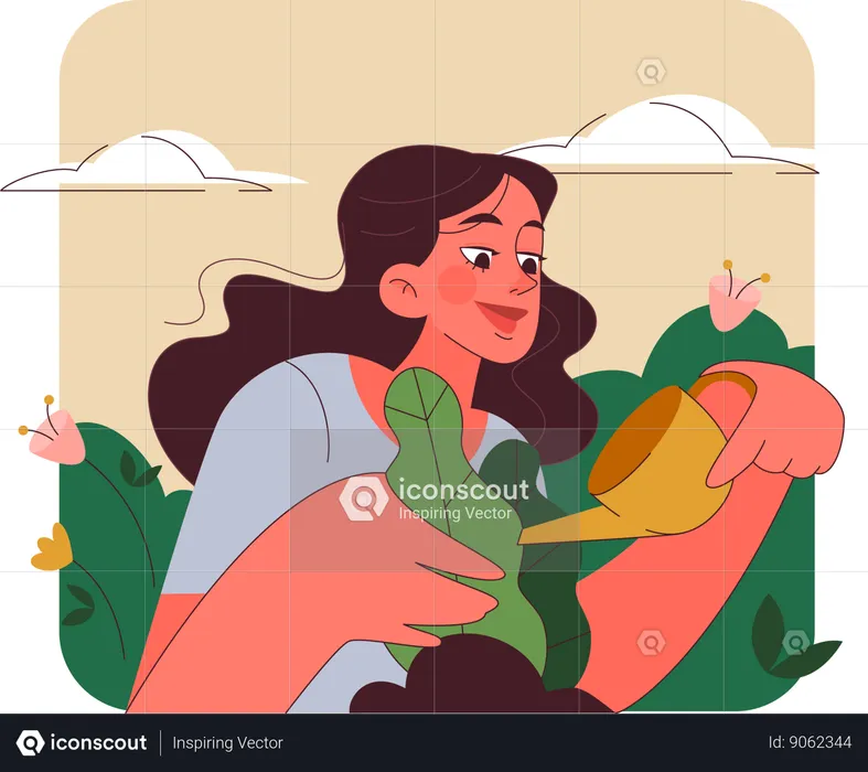 Girl watering plant  Illustration