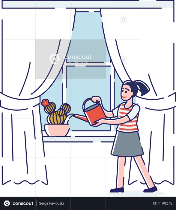 Girl watering plants at window using watering can  Illustration