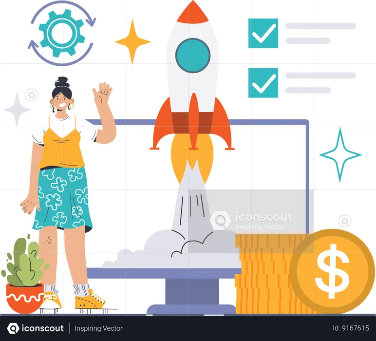 Girl waving hand while doing financial startup  Illustration