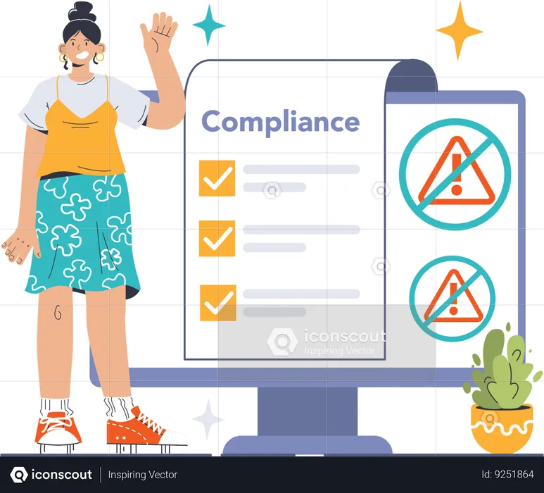 Girl waving hand while showing compliance list  Illustration