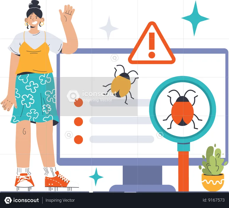Girl waving hands while getting bug error  Illustration