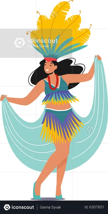 Girl Wear Bright Costume with Feathers Dancing at Carnival in Rio De Janeiro  Illustration