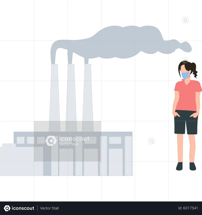 Girl wearing a mask looks at the pollution from the factory smoke  Illustration