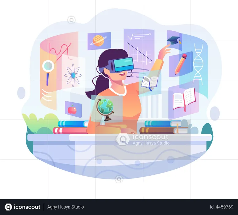 Girl wearing a VR Headset is studying and learning at a desk  Illustration