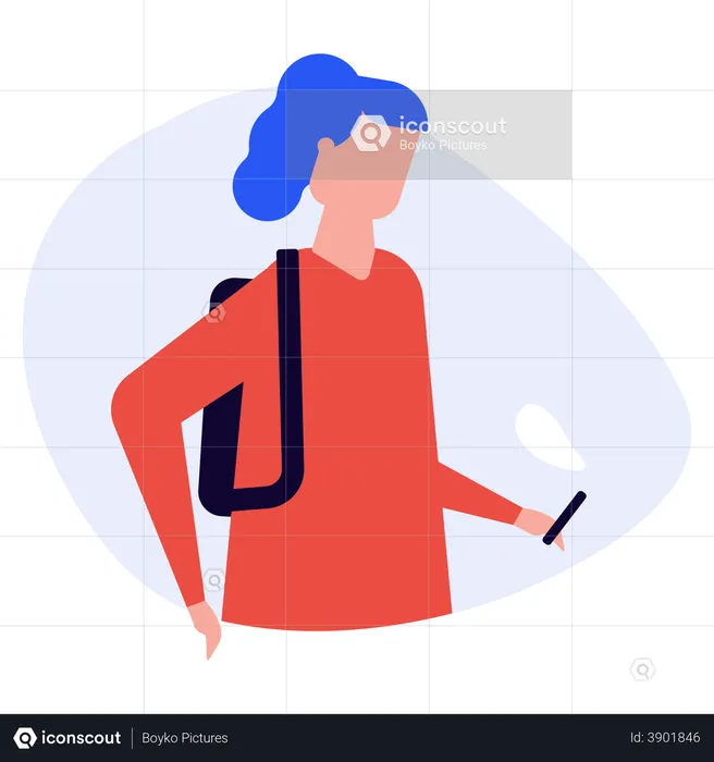 Girl wearing backpack and using smartphone  Illustration