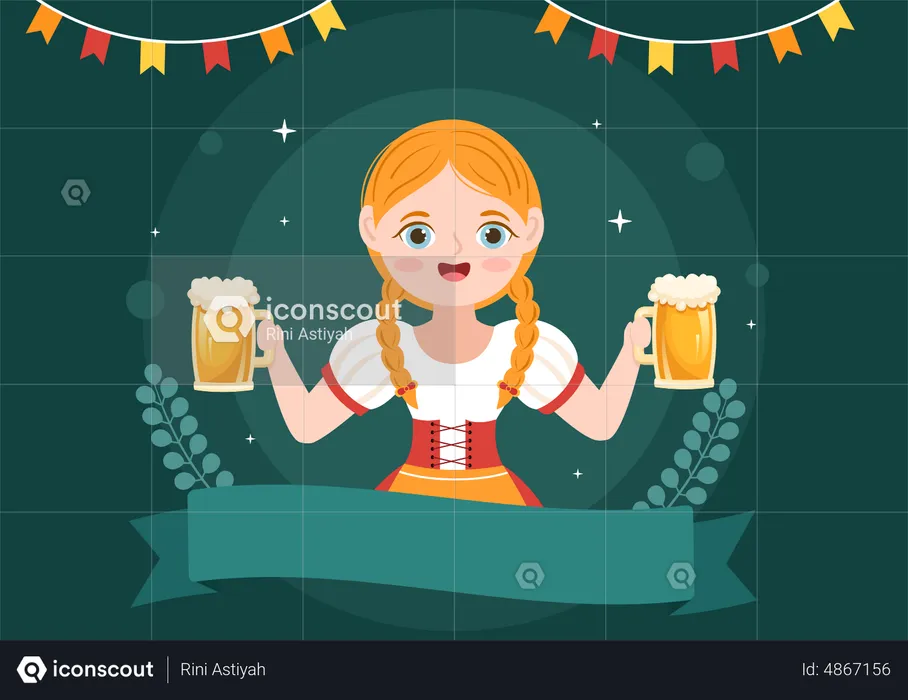 Girl wearing Bavarian Costume Holding Beer Glass  Illustration