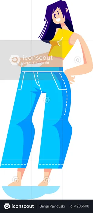 Girl wearing big jeans after weight loss  Illustration
