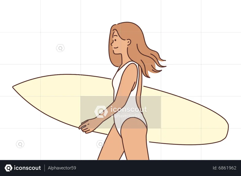 Girl wearing bikini going for surfboarding  Illustration