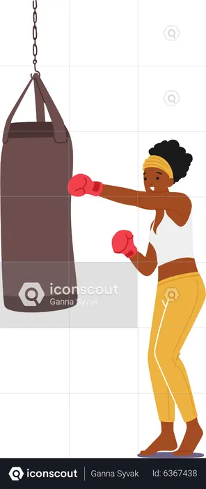 Girl wearing boxing gloves hitting punching bag  Illustration