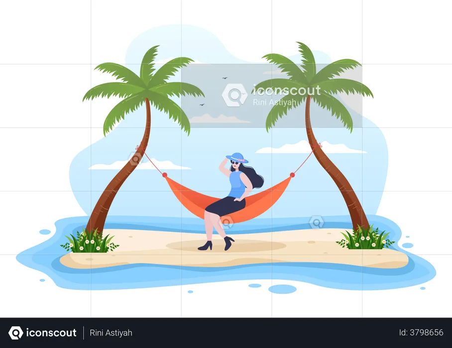 Girl wearing cap and sitting on hammock  Illustration