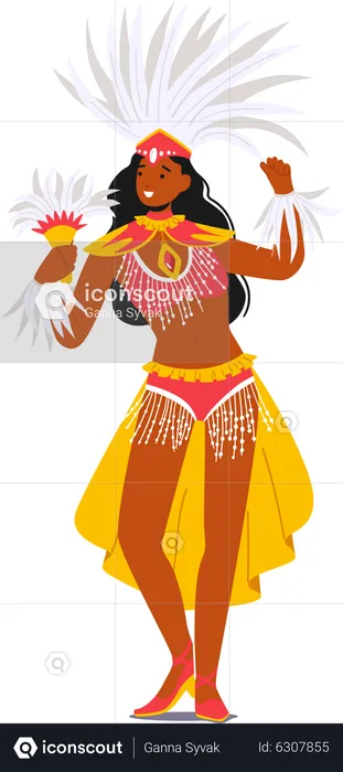 Girl Wearing Festival Costume with Feathers Dancing at Carnival in Rio De Janeiro  Illustration