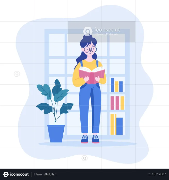 Girl Wearing Glasses Reading a Book in the Library  Illustration