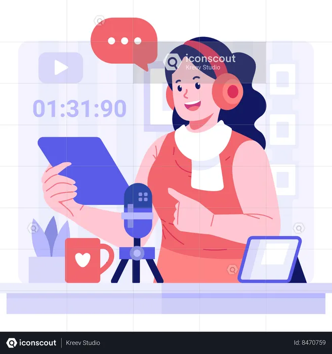 Girl wearing headphone and recording podcast  Illustration