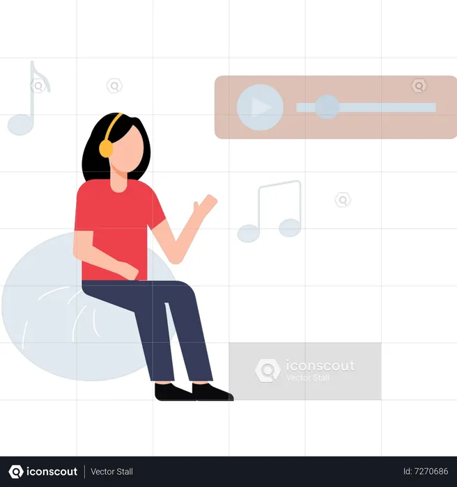 Girl wearing headphones sitting on sofa listening to music  Illustration