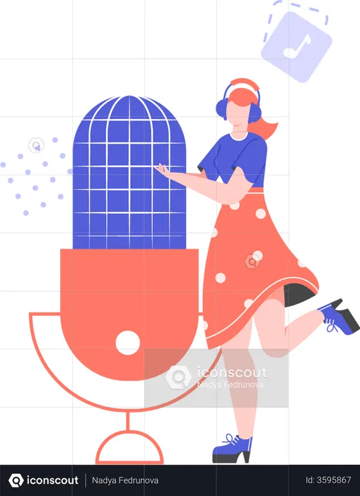 Girl wearing headphones with giant microphone  Illustration