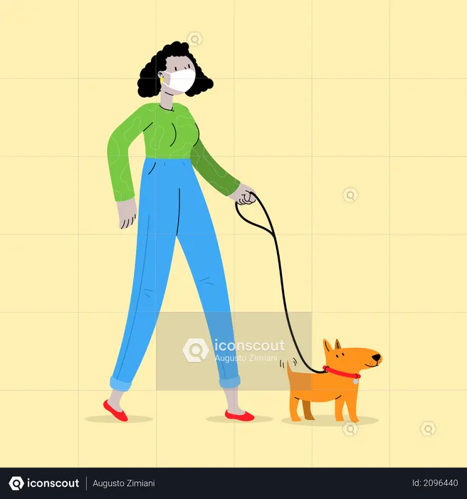 Girl Wearing Mask and walking with Dog  Illustration