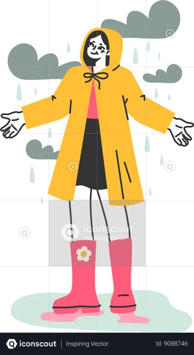 Girl wearing rain cout and enjoying rain outdoor  Illustration