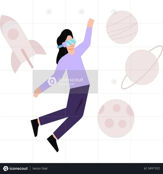 Girl wearing VR glasses looks at the planets  Illustration