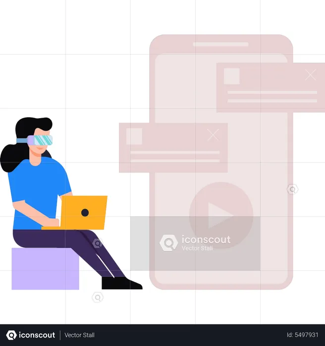 Girl wearing VR glasses using laptop  Illustration