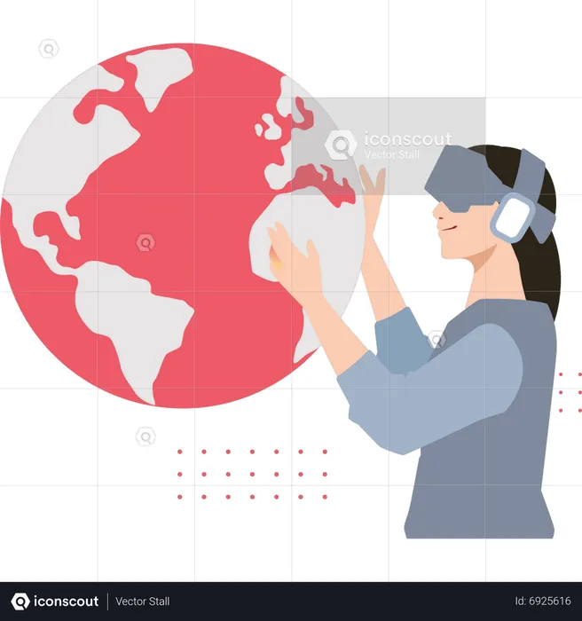 Girl wearing VR goggles looking at planet  Illustration
