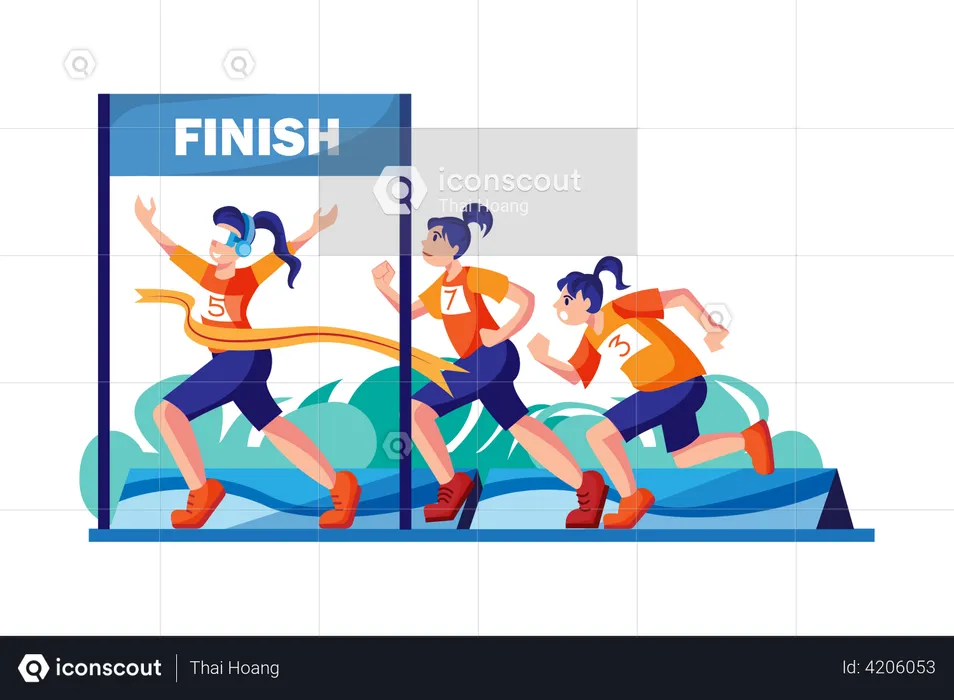 Girl winning running race by wearing VR headset  Illustration
