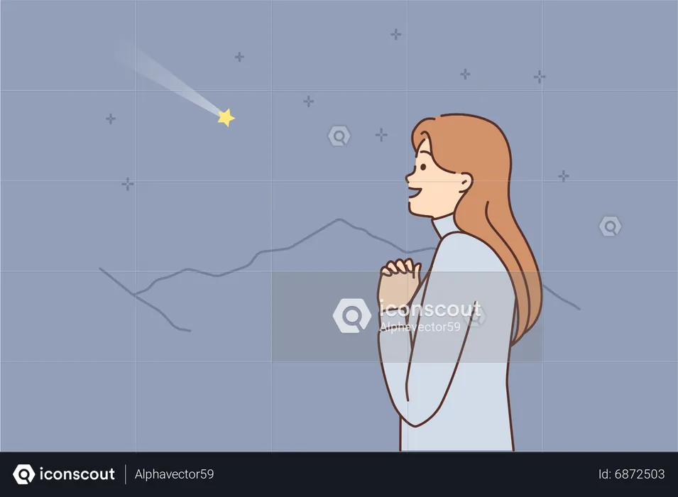 Girl wishing from falling star  Illustration