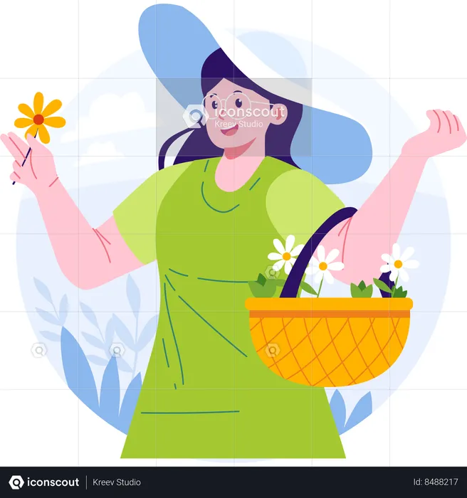 Girl with basket plucking flower from the park  Illustration