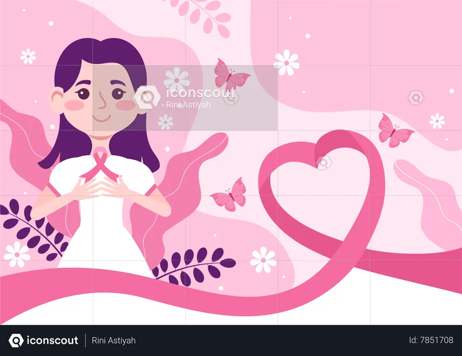 Girl with Breast Cancer ribbon  Illustration