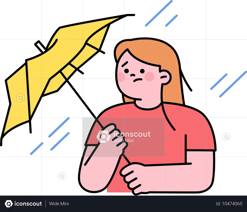 Girl with broken umbrella during rainy season  Illustration