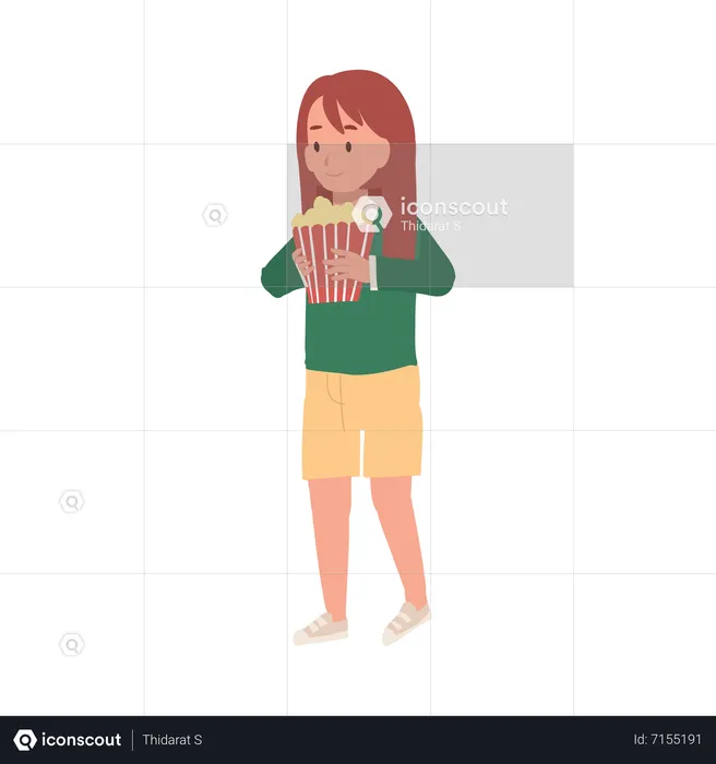 Girl with bucket of popcorn is walking to cinema  Illustration