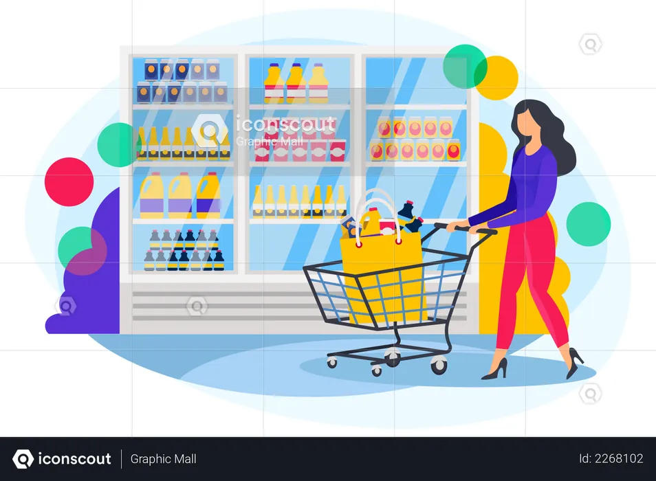 Girl with cart doing grocery shopping  Illustration