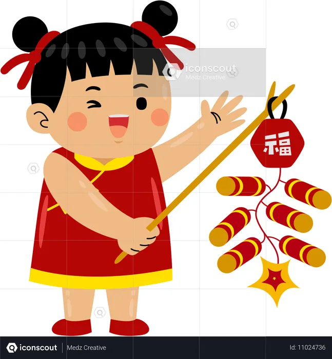 Girl with chinese crackers  Illustration