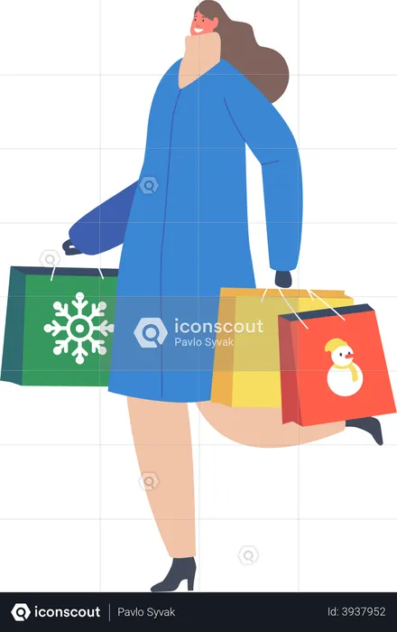 Girl with Christmas Gifts in Paper Bags  Illustration