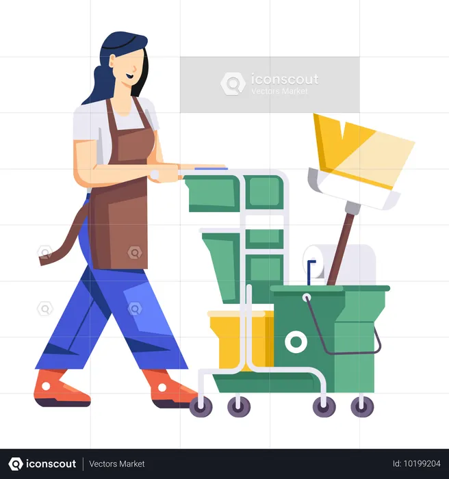 Girl with Cleaning Trolley  Illustration