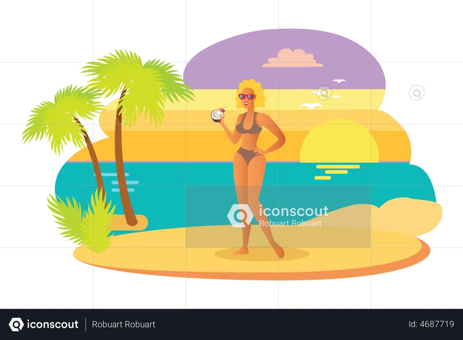 Girl with coconut drink  Illustration