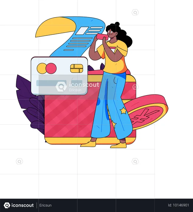 Girl with credit card bill  Illustration