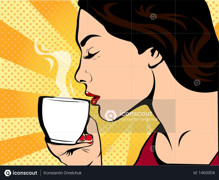Girl with Cup of coffee pop art retro style. Restaurants and coffee shops. A hot beverage. Courage love and care.  Illustration