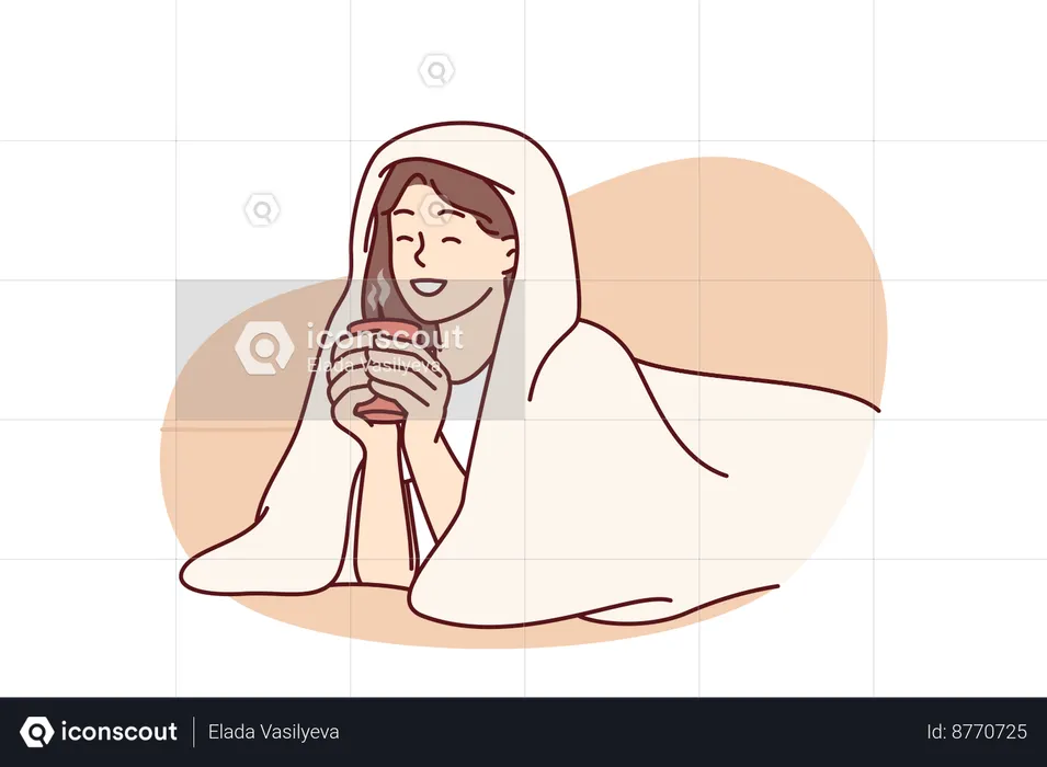 Girl with cup of hot coffee lies wrapped in blanket  Illustration