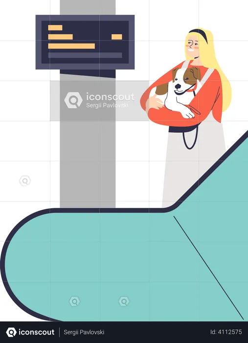 Girl with dog on escalator  Illustration