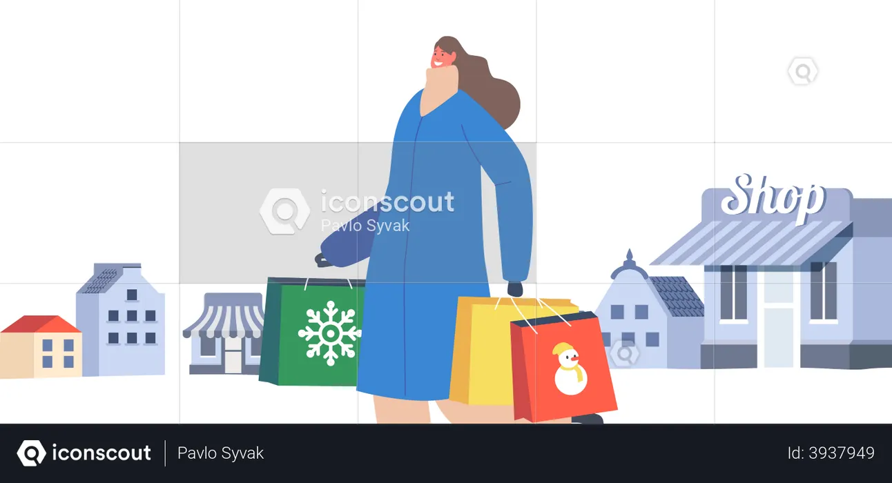 Girl with Festive Gifts in Paper Bags  Illustration
