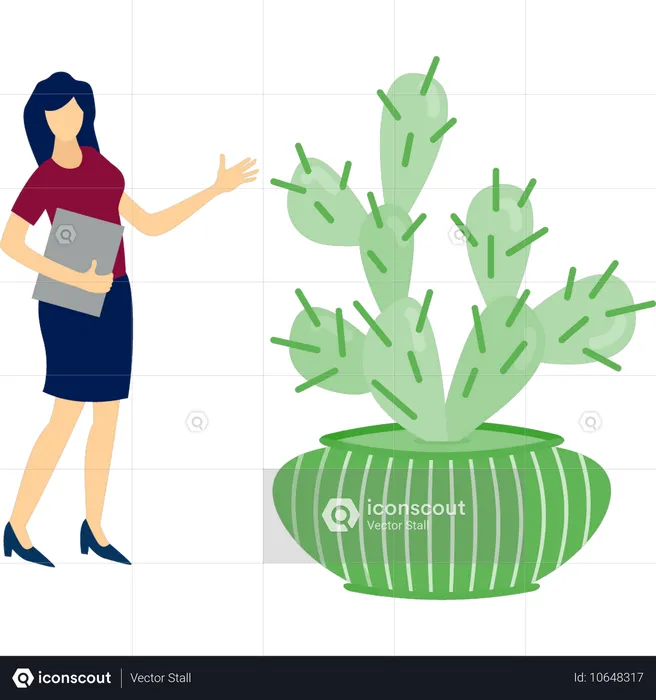 Girl with file looking opuntia plants  Illustration