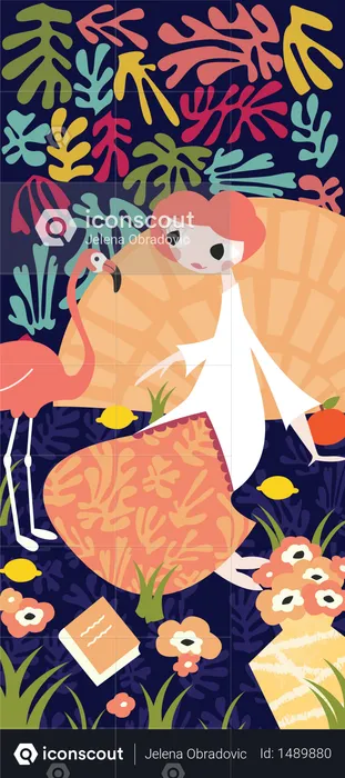 Girl with flamingo and Henri Matisse inspired decoration  Illustration