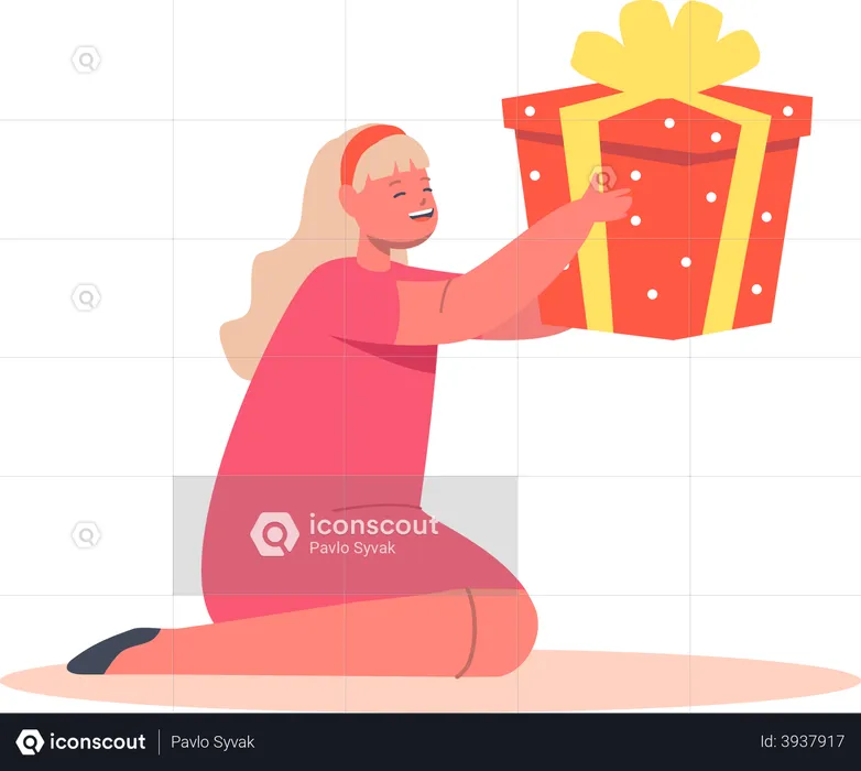 Girl with Gift in Hands  Illustration